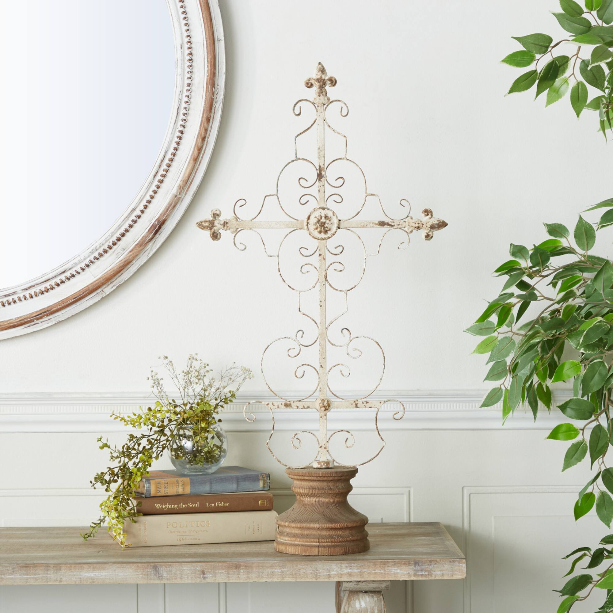 29" White Iron French Country Cross Sculpture